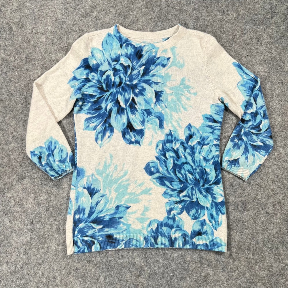 Talbots Sweater Womens S Cream Blue Floral 100% Cashmere 3/4 Sleeve Knit Top